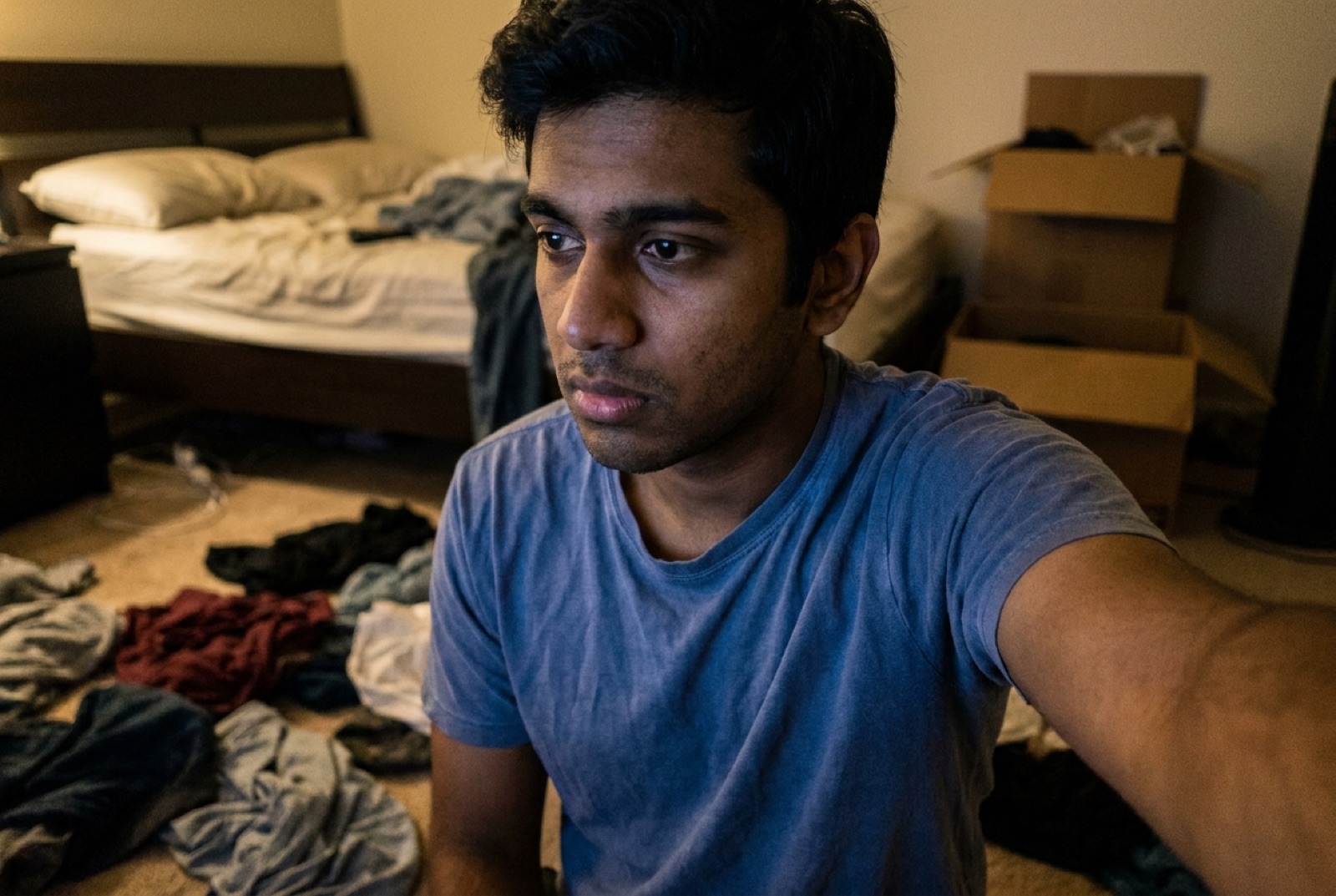 A dim, cluttered smartphone selfie taken in a messy bedroom — the kind of casual photo most people start with