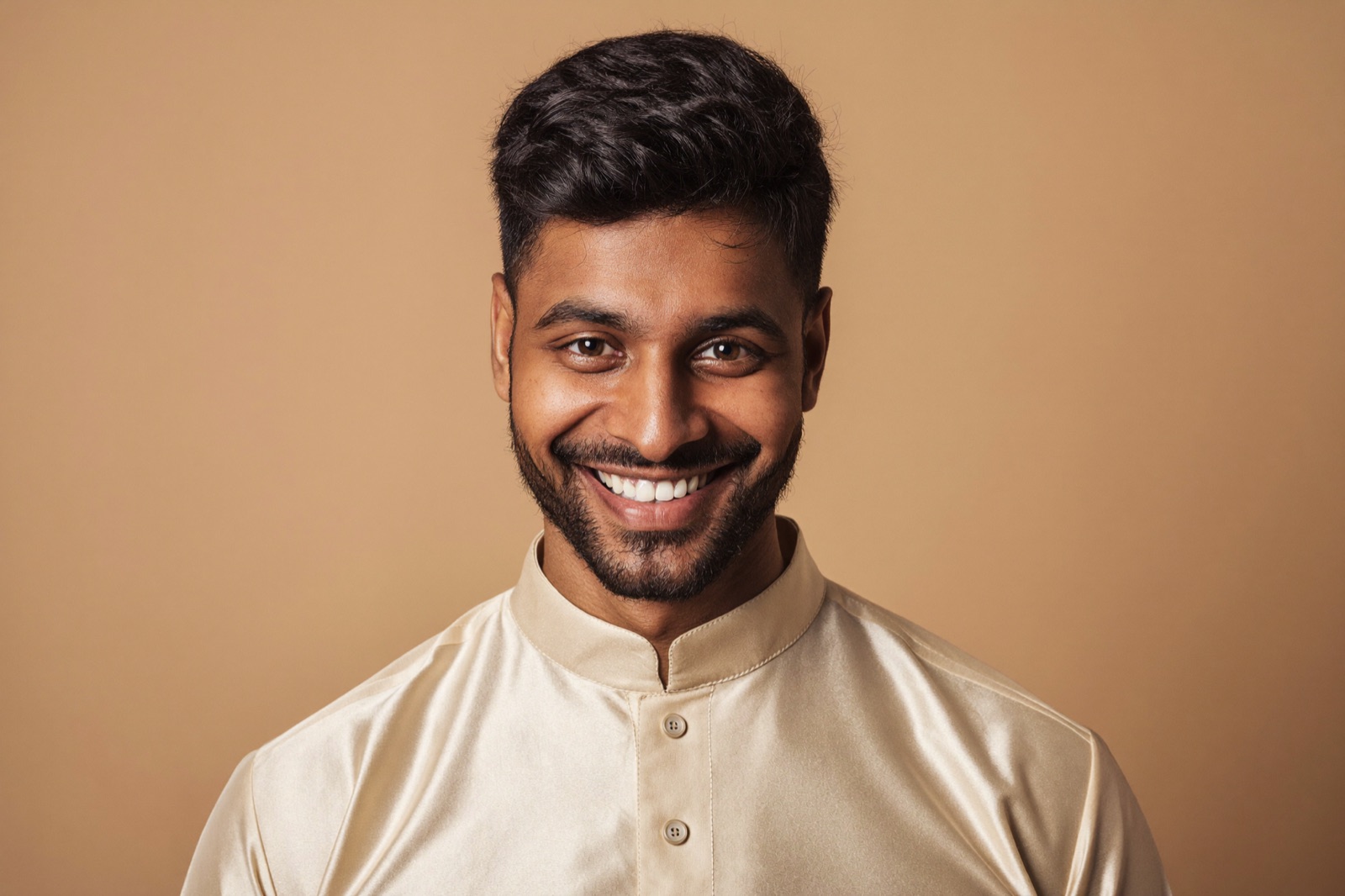 A studio-style portrait of a man in a traditional cream kurta, generated from a selfie